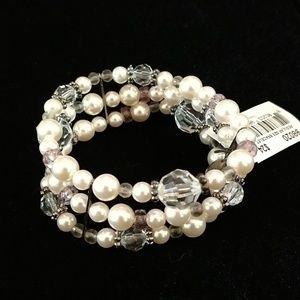 3 strand connected pearl and crystal bead bracelet